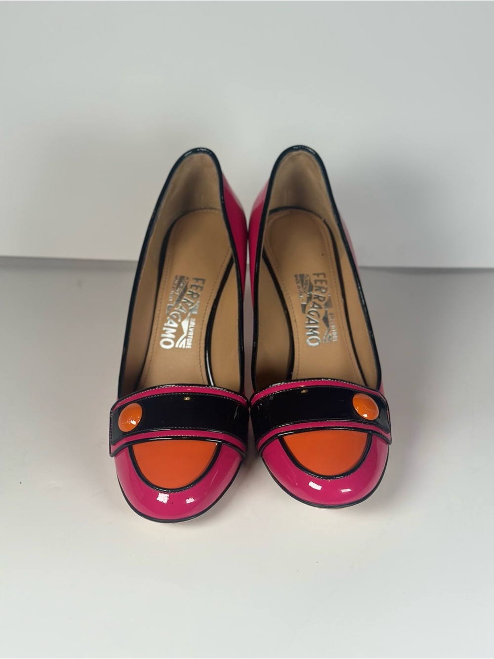 Salvatore Ferragamo Pink and Orange Patent Leather Block Heel Pumps - Picture 4 of 9